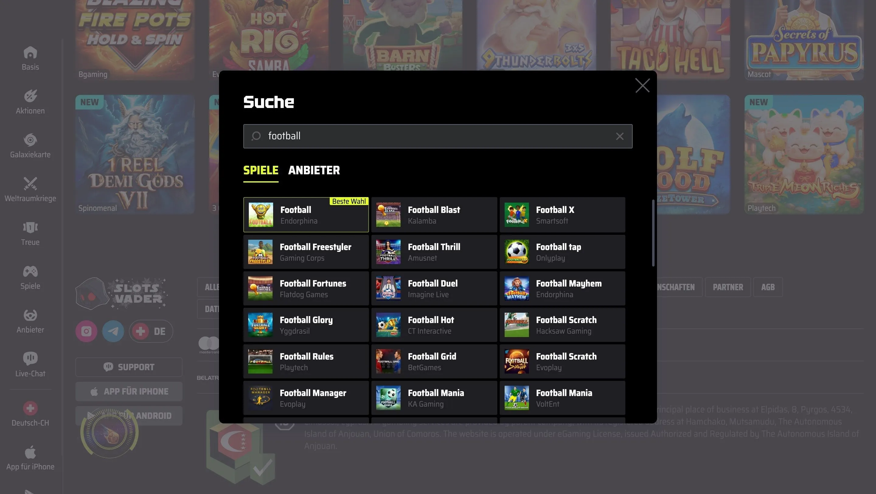 Sport Spiele der SlotsVader Casino Sport Spielangebot der SlotsVader Casino