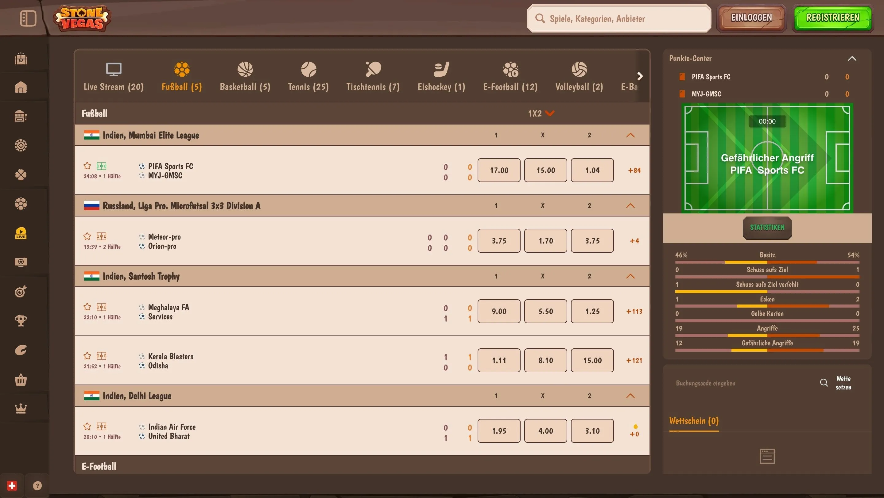 Livewetten-Bereich der StoneVegas Casino Sportwetten Bereich der StoneVegas Casino