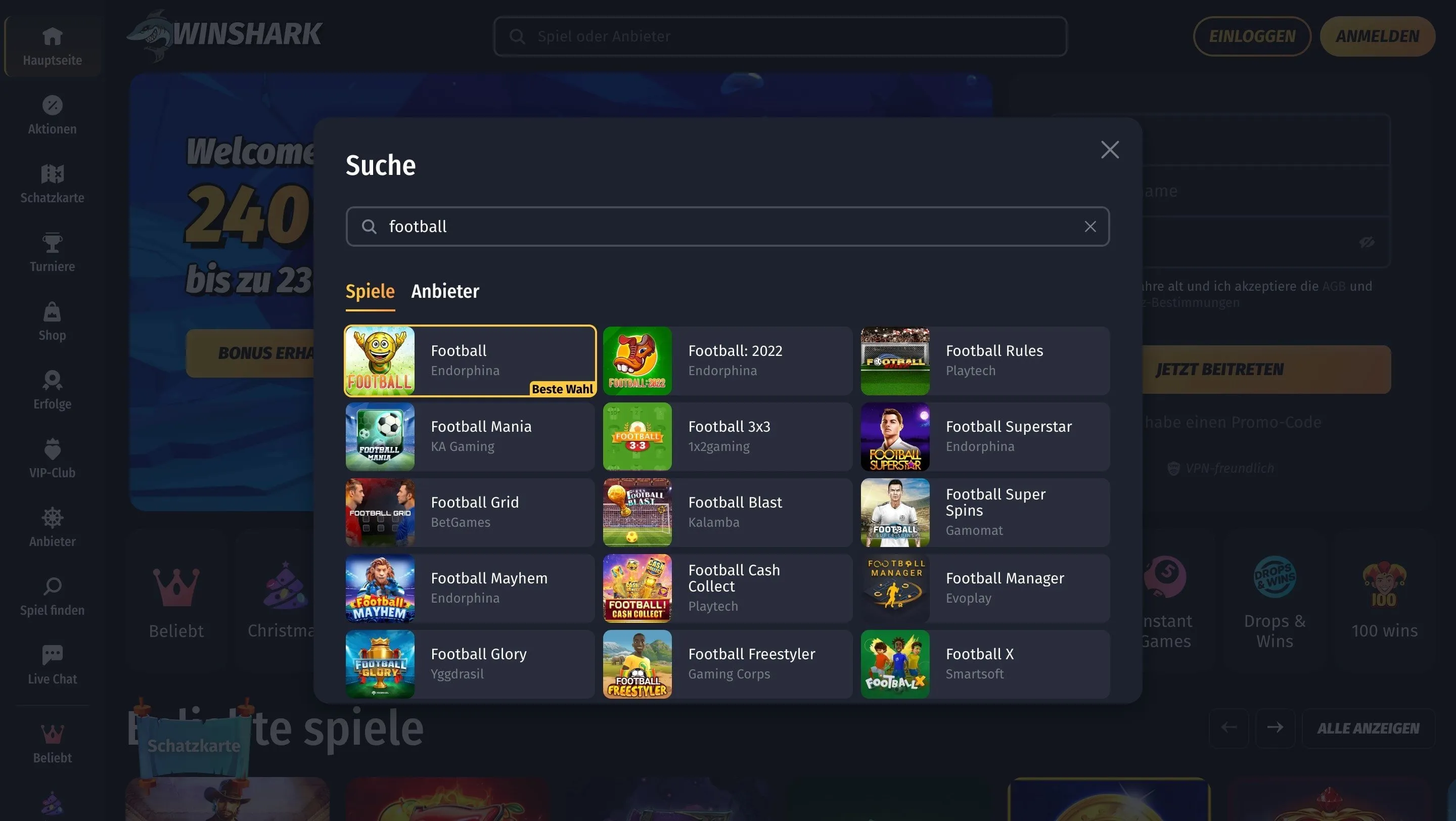 Sport Spiele der Winshark Casino Sport Spielangebot der Winshark Casino